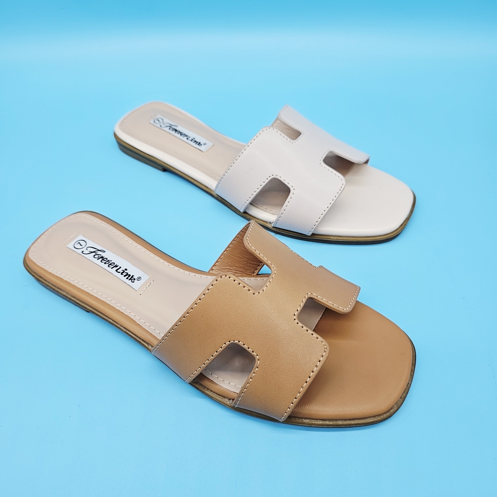 Women's Two-Tone Slide Sandals in Tan and Cream